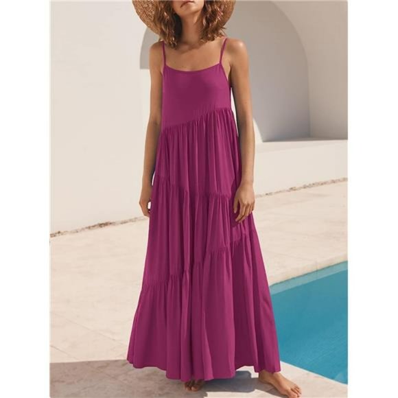 Women' Loose Dress Spaghetti Strap Beach Cover Up Long Cami Maxi Dresses - Picture 3 of 4